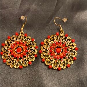 Elegant Gold and Red Filigree Earrings